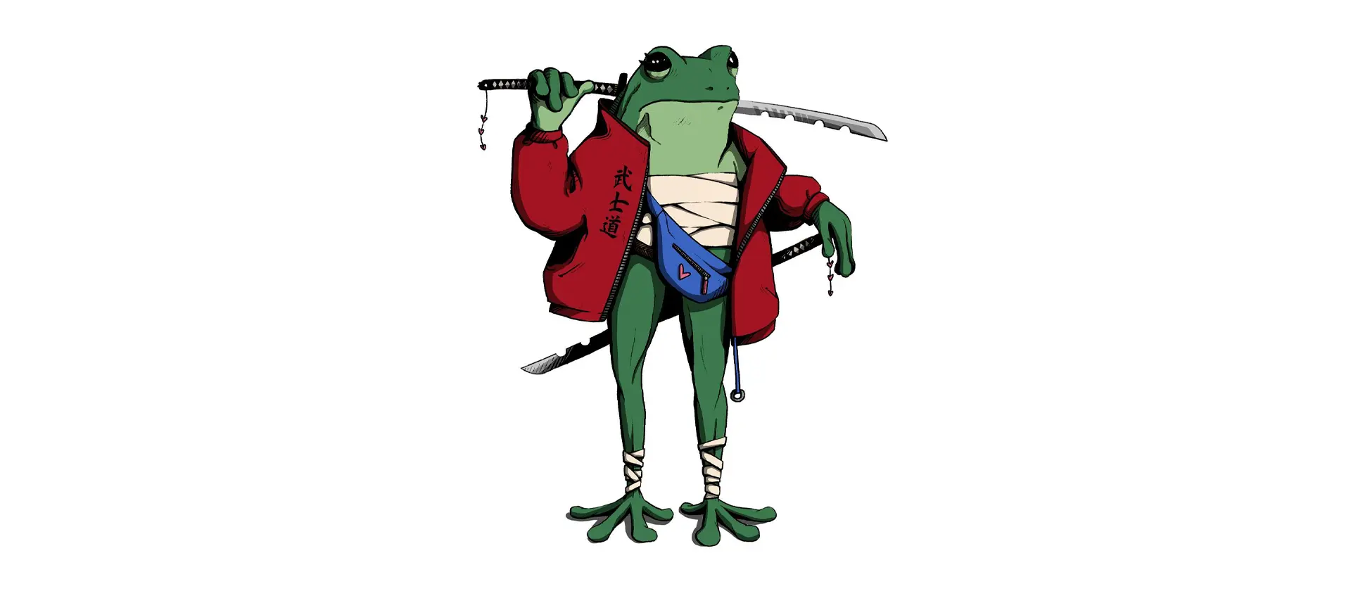 Eine Illustration von einem Frosch, der zwei Samurai-Schwerter lässig über die Schulter trägt. Er beschützt die Daten der Nutzer.