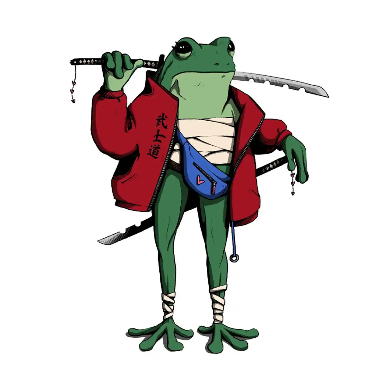 Eine Illustration von einem Frosch, der zwei Samurai-Schwerter lässig über die Schulter trägt. Er beschützt die Daten der Nutzer.
