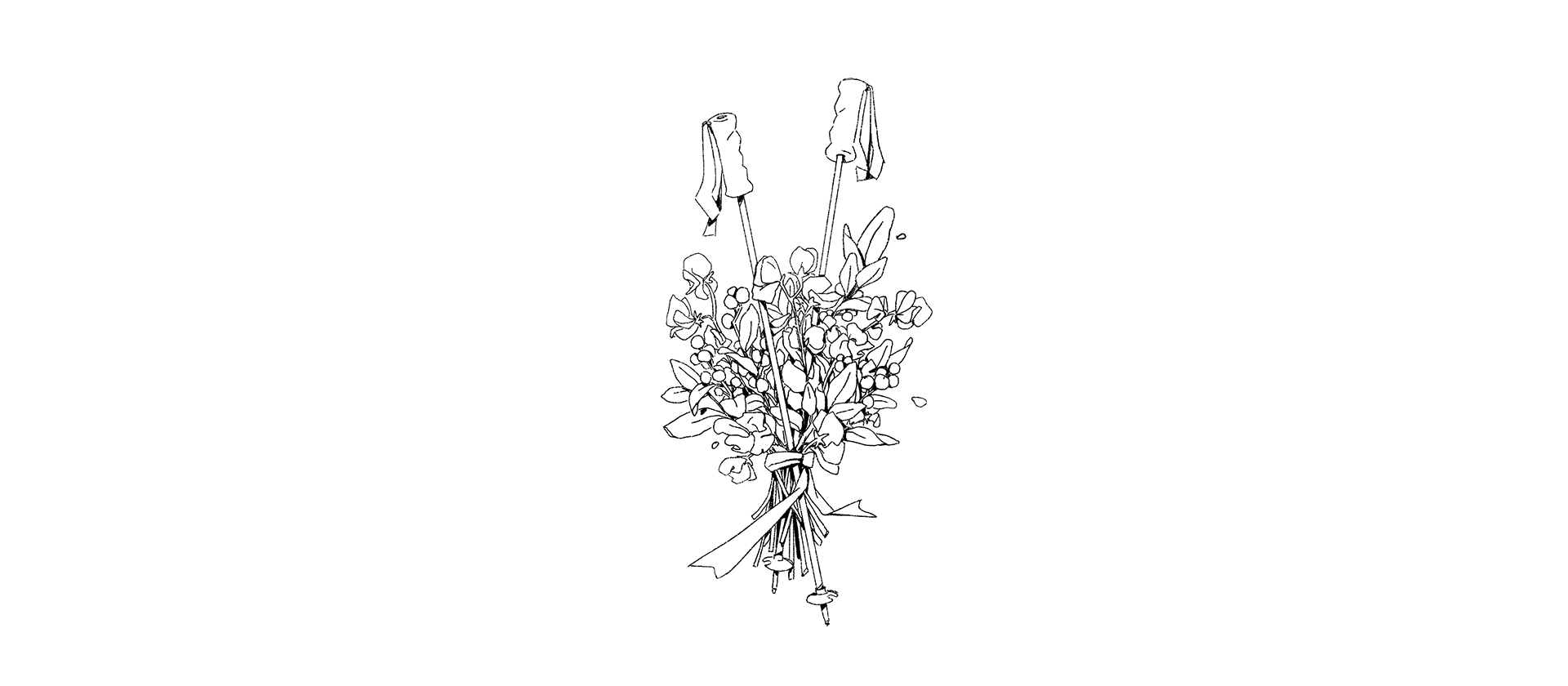 Eine Illustration von einem Blumenstrauß, wobei zwischen den Blumen auch zwei Skistöcke sind.