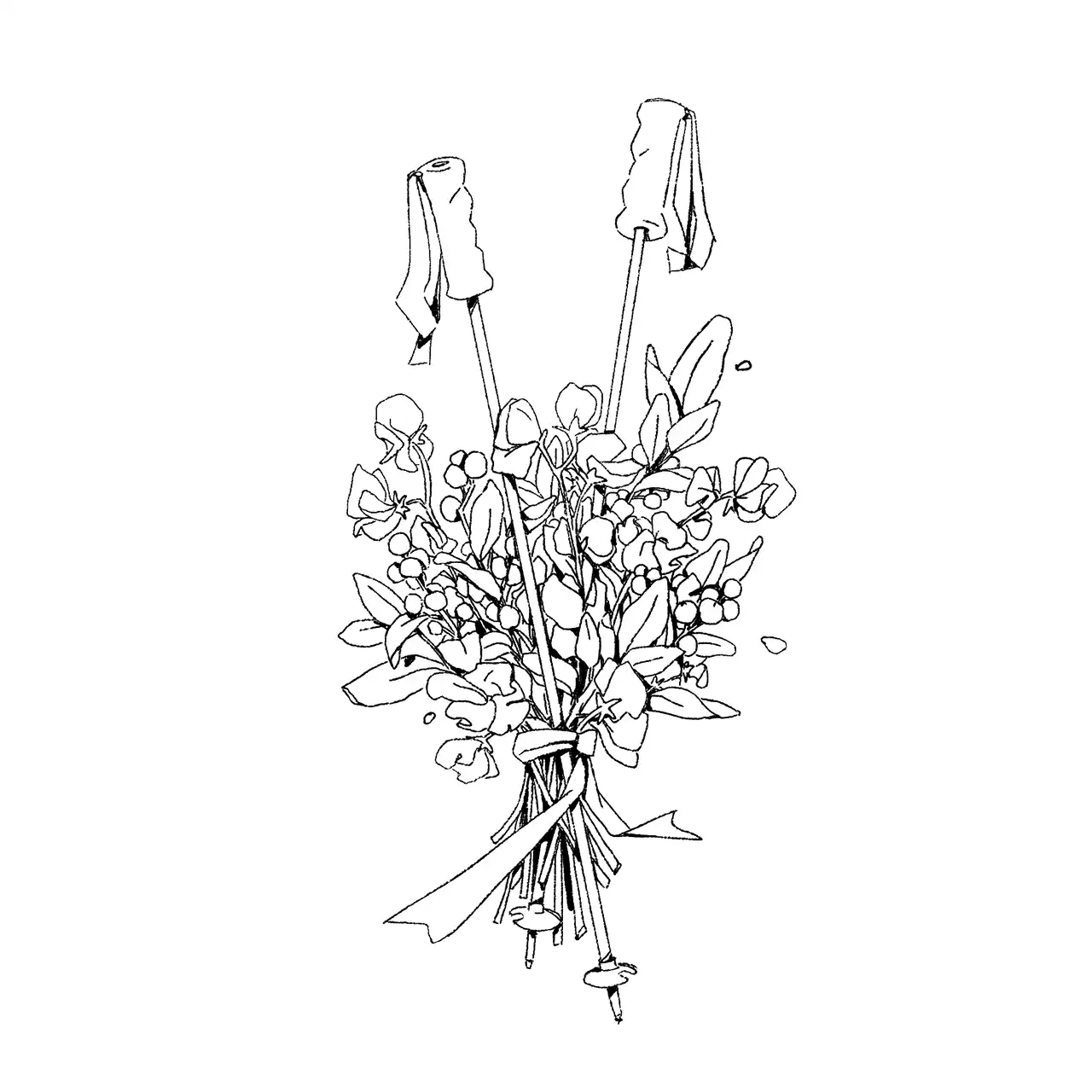 Eine Illustration von einem Blumenstrauß, wobei zwischen den Blumen auch zwei Skistöcke sind.