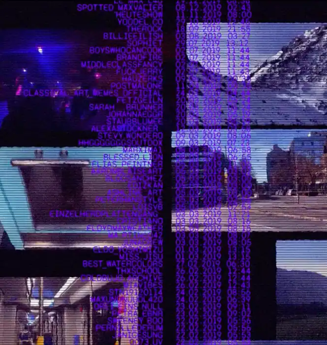 Ein Video-Still. Verschiedene Videos laufen gleichzeitig mit einer Liste gesammelter persönlicher Daten.