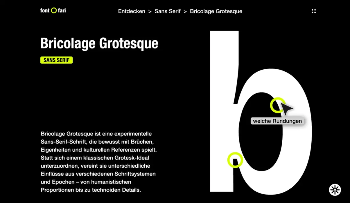 Screenshot der Website, wo man mehr über die Schirftart lernen kann sowie Besonderheiten durch Hover-Effekte entdecken kann.