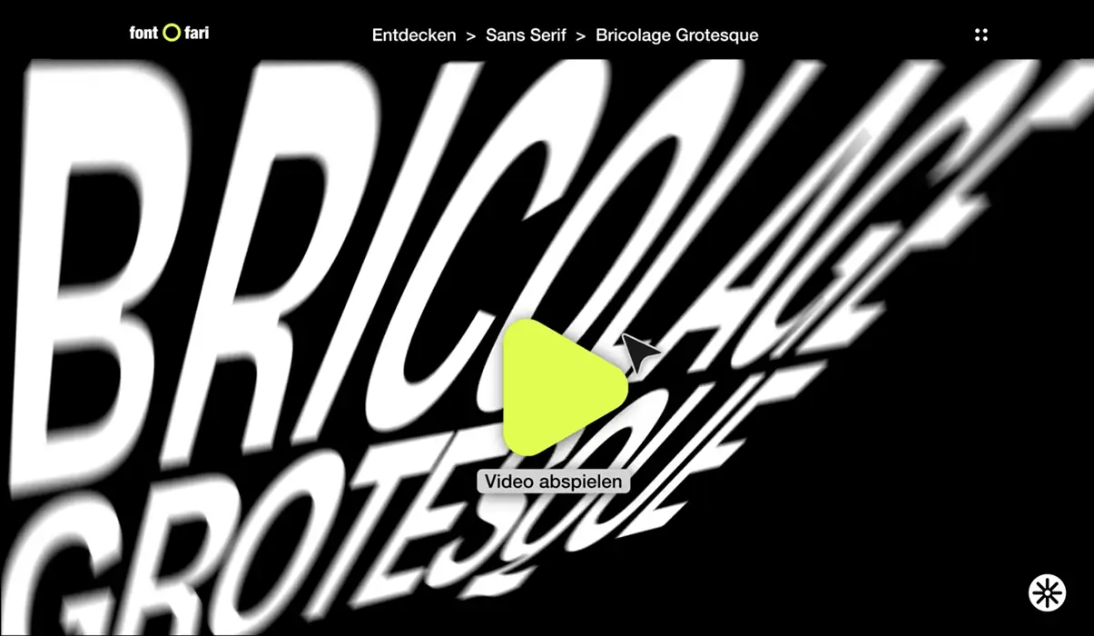 Ein Video-Still von der Animation. Man sieht, wie das Video auf der Website gestoppt wird und dass es um die Schriftart Bricolage Grotesque geht.