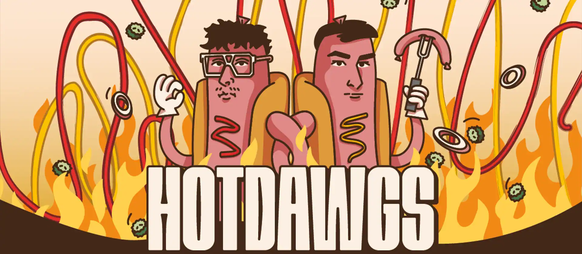 Die Hauptillustration von Hotdawgs welche zwei Hotdogs mit Gesichtern zeigt. Um sie herum fliegen weitere Zutaten und am unteren Rand brennt Feuer. Zentriert steht ihr Name: Hotdawgs.