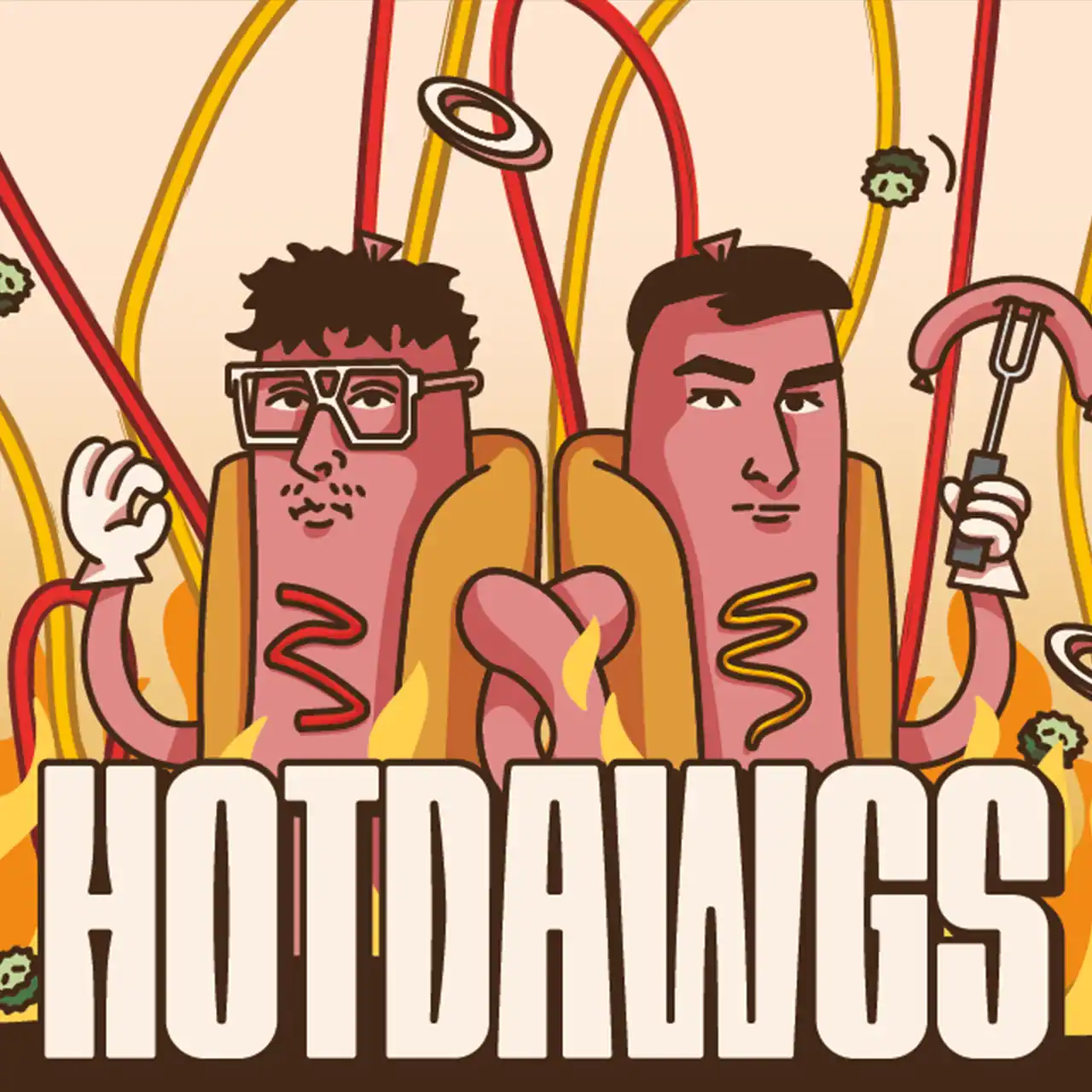 Die Hauptillustration von Hotdawgs welche zwei Hotdogs mit Gesichtern zeigt. Um sie herum fliegen weitere Zutaten und am unteren Rand brennt Feuer. Zentriert steht ihr Name: Hotdawgs.