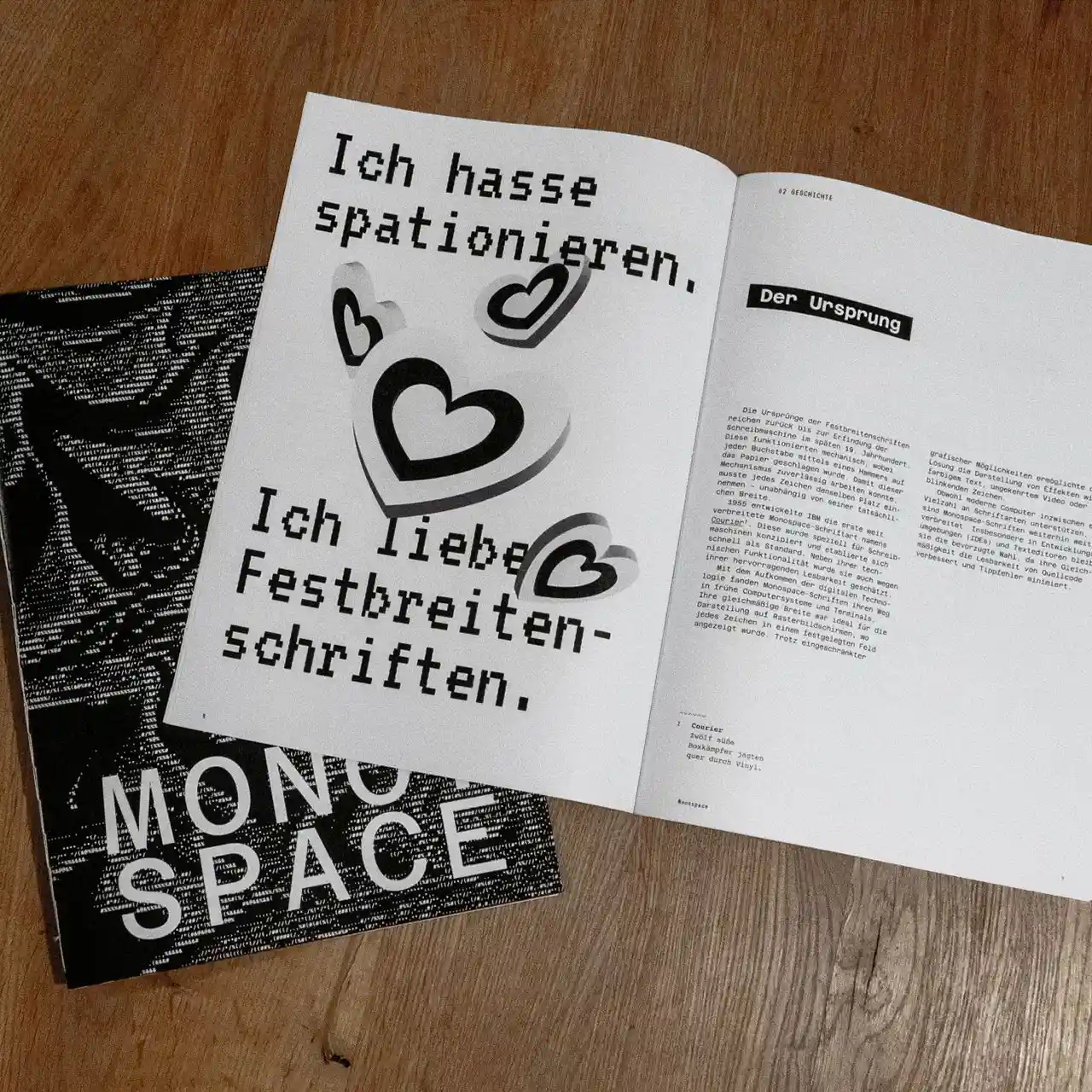 Ein Foto von der Monospace-Broschüre einmal geöffnet und daneben das Cover.