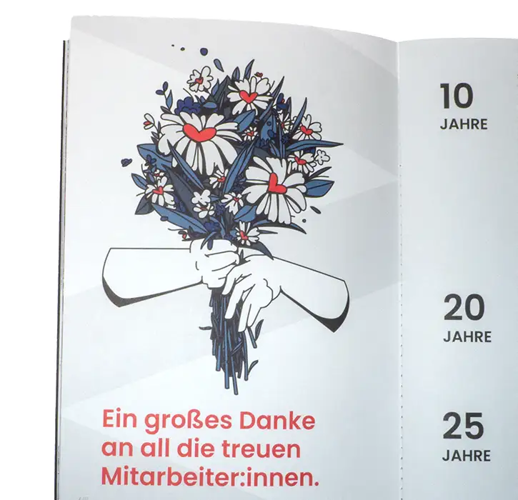 Detailfoto einer Illustration zum Thema langjährige Mitarbeiter. Zwei Hände halten einen stilisierten Blumenstrauß.