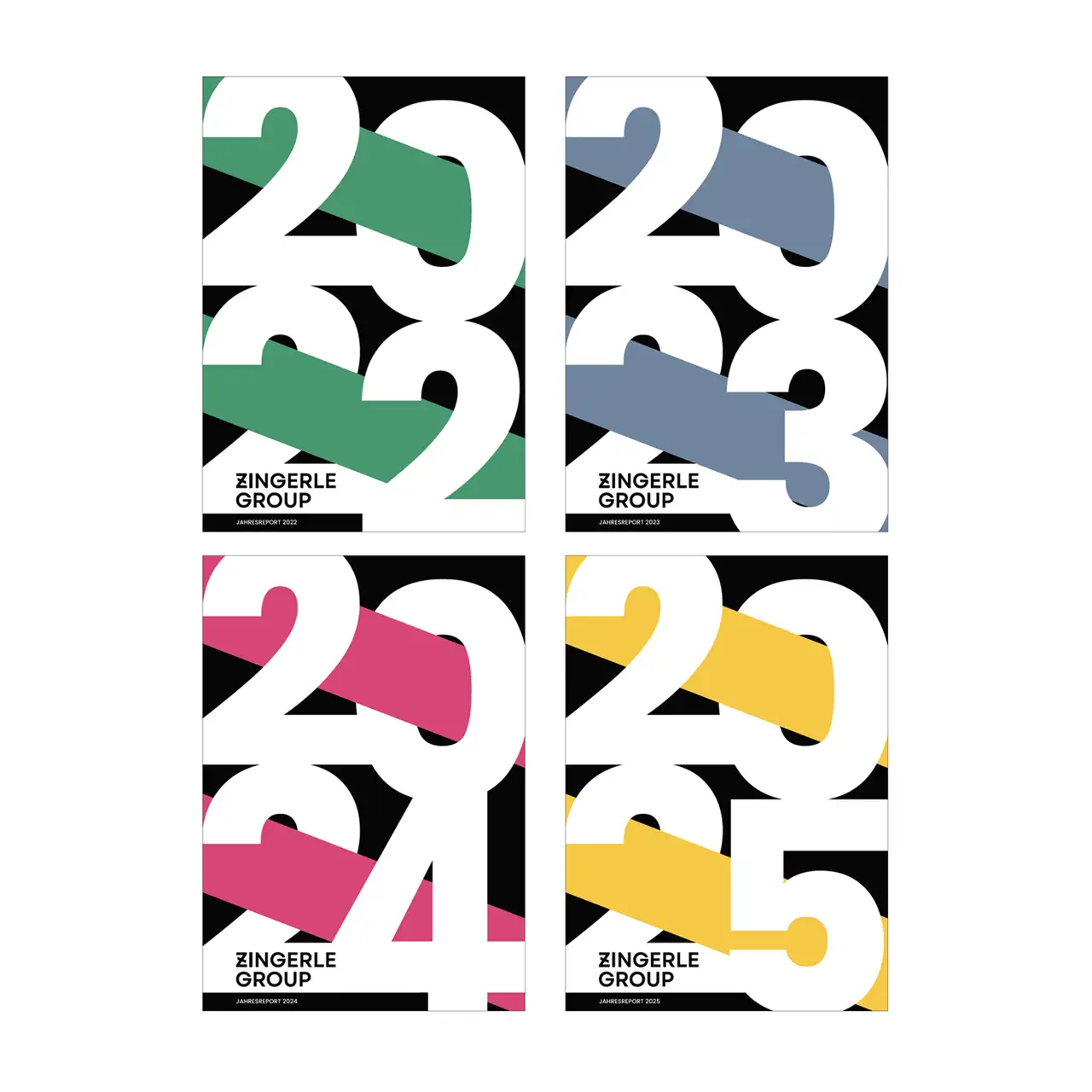 Die Jahresreports von Zingerle Group als Cover-Vorschau von 2022 bis 2025